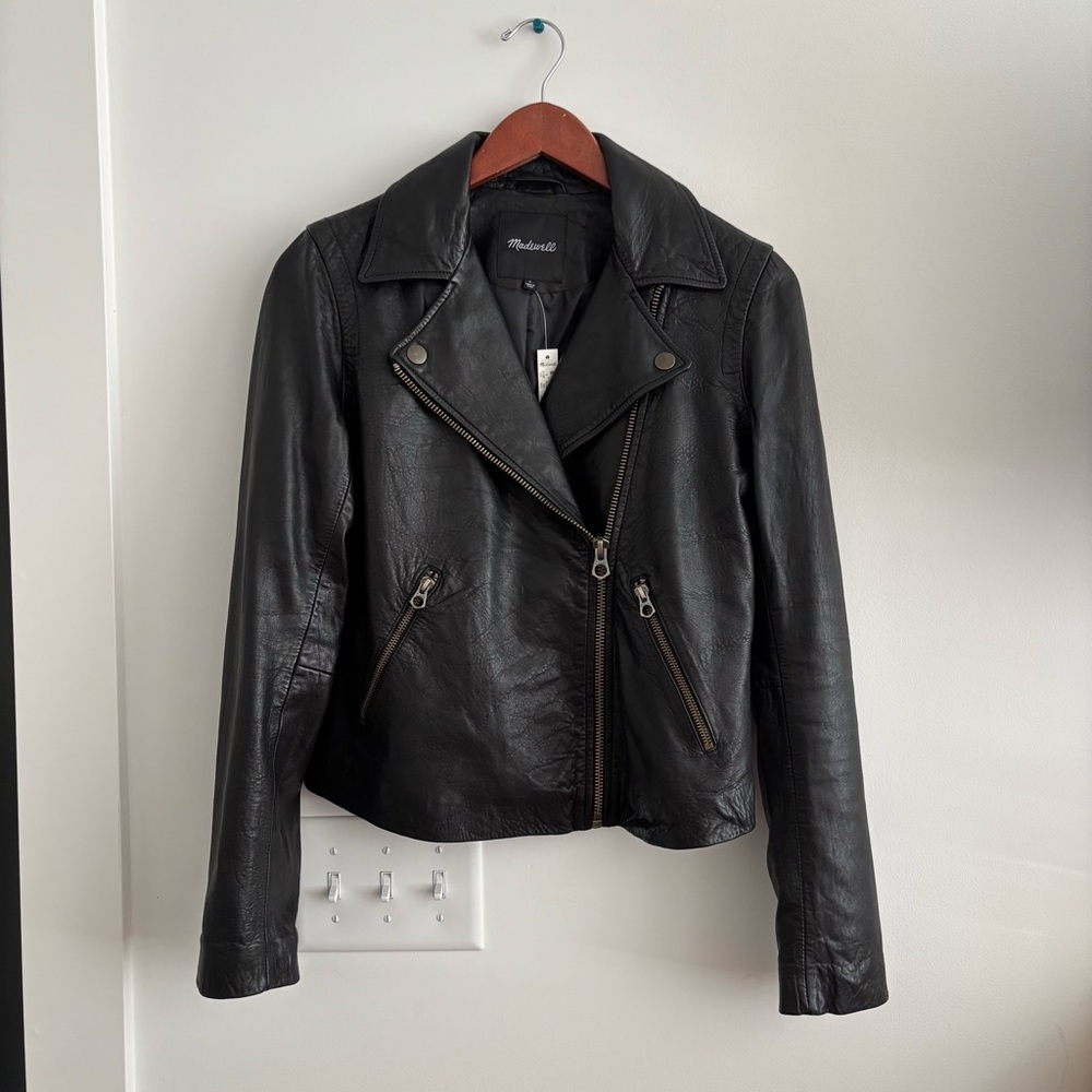 NEW Madewell Women Black Washed Leather Moto Jacket Brass hardware (S) NC112